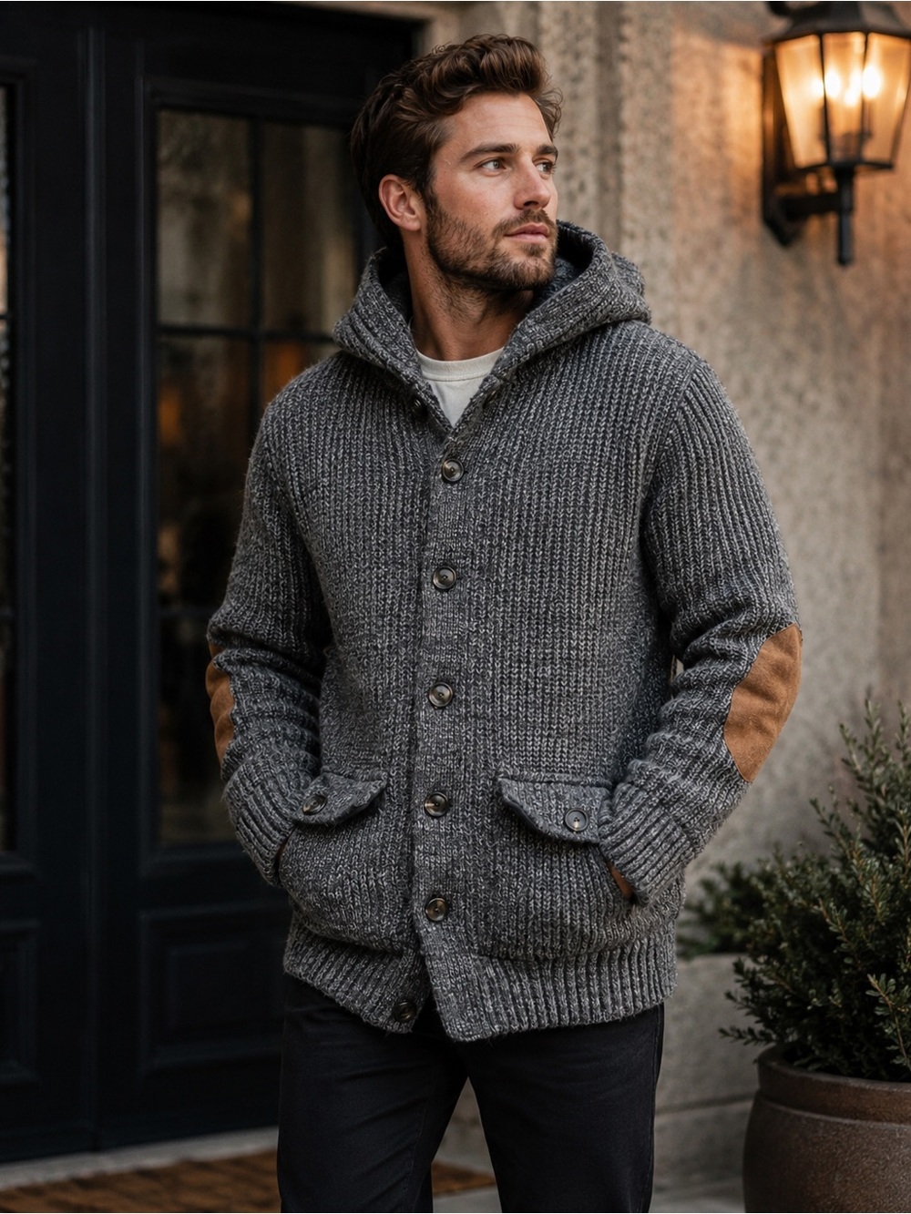 American Stitch Men's Heavyweight Hooded Knit Jacket
Gray Elbow Patch Size Small